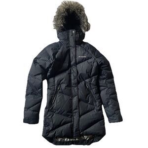 Columbia Lay D Down Omni-Heat Down Parka Long Jacket Women XS Navy Blue Fur 550